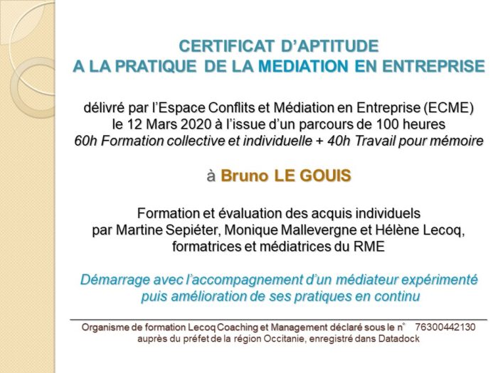 Certification “Médiateur en entreprise” réussie